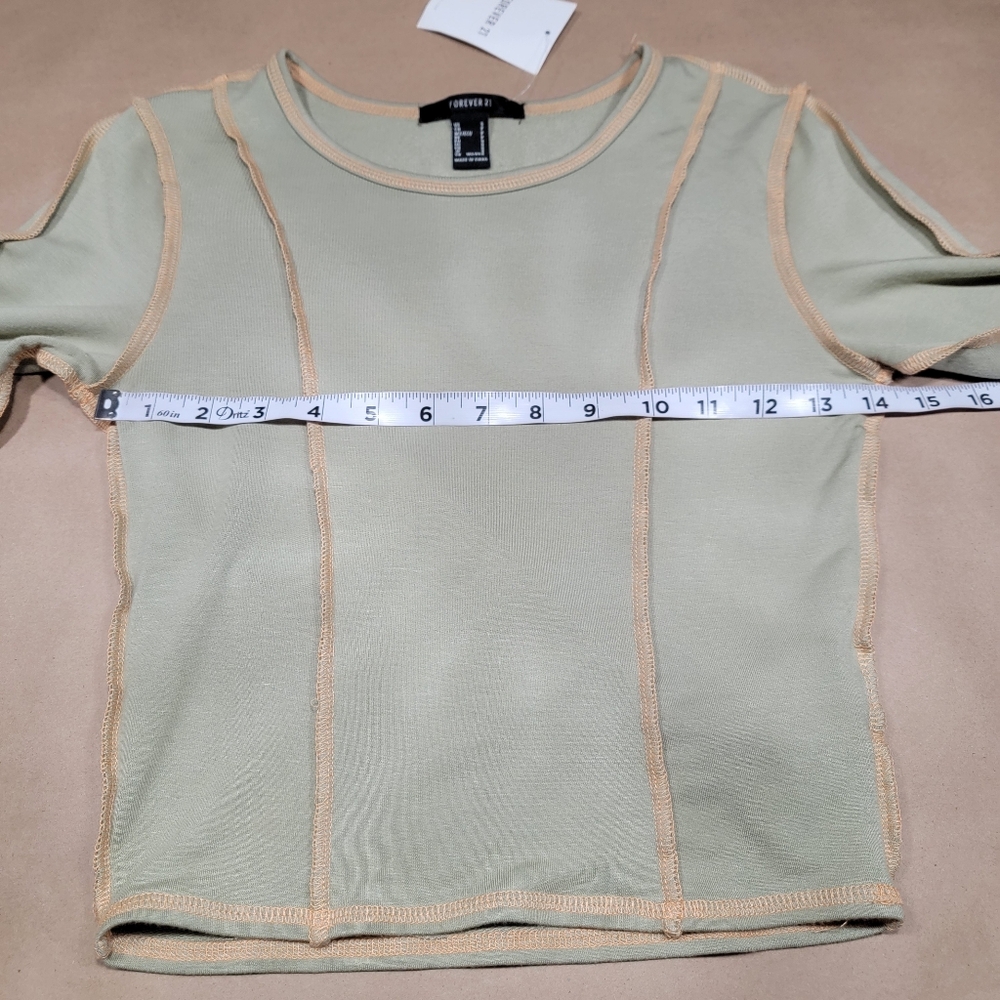 Forever 21 Size S Light Moss Green with Yellow Exposed Seam Cropped Top, NEW - Picture 6 of 11